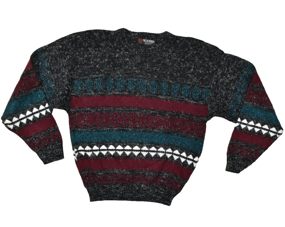 Vintage Scandia Men Pullover Sweater Abstract Geometric Knit Multi-Color Size S